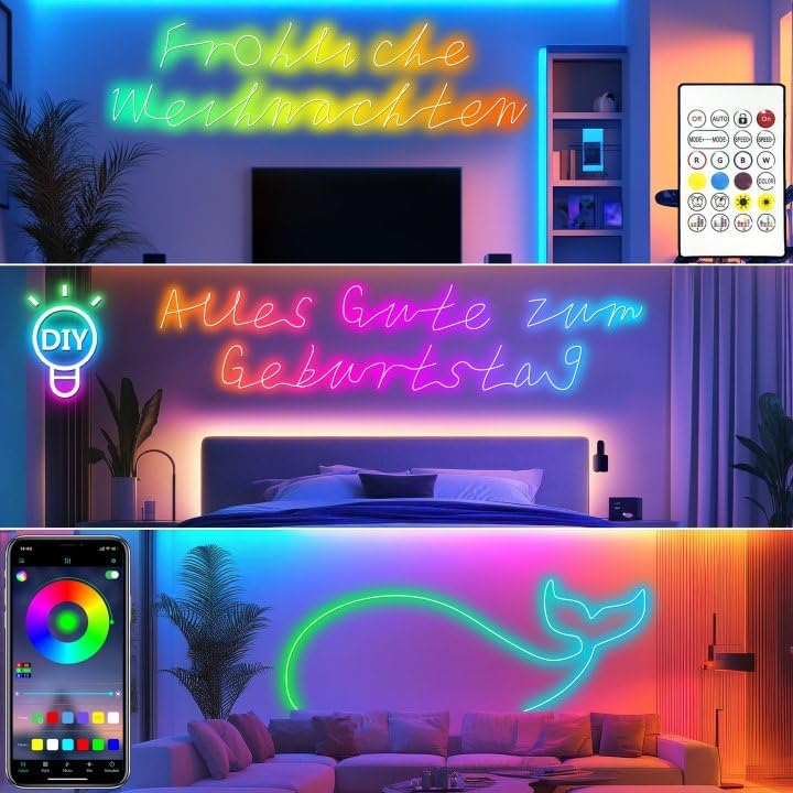 Cozylady 20Ft RGB LED Neon Rope Lights for Bedroom, 6m LED Strip Lamp with Double Sided Adhesive Tape, App/Remote Control Waterproof DIY Lights Decorate The Outdoor and Indoor of Your Home.