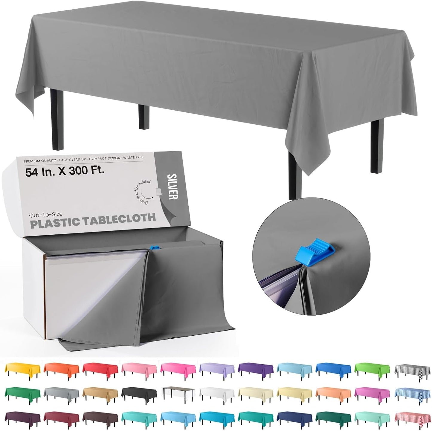 Party Solids 54 Inch X 300 Feet Silver Plastic Table Cover Roll in A Cut - to - Size Box with Convenient Slide Cutter. Cuts Up to 36 Rectangle 8 Feet Plastic Disposable Tablecloths