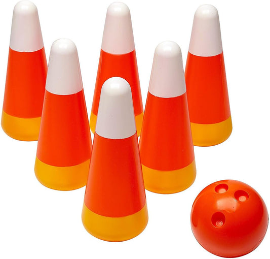Fun Express Halloween Games for Kids Party - Candy Corn Pumpkin Bowling Set with 6 Pins & Ball | Fall Festival Games for Outdoor Trunk or Treat Activities & Carnival Events | Safe Plastic Design