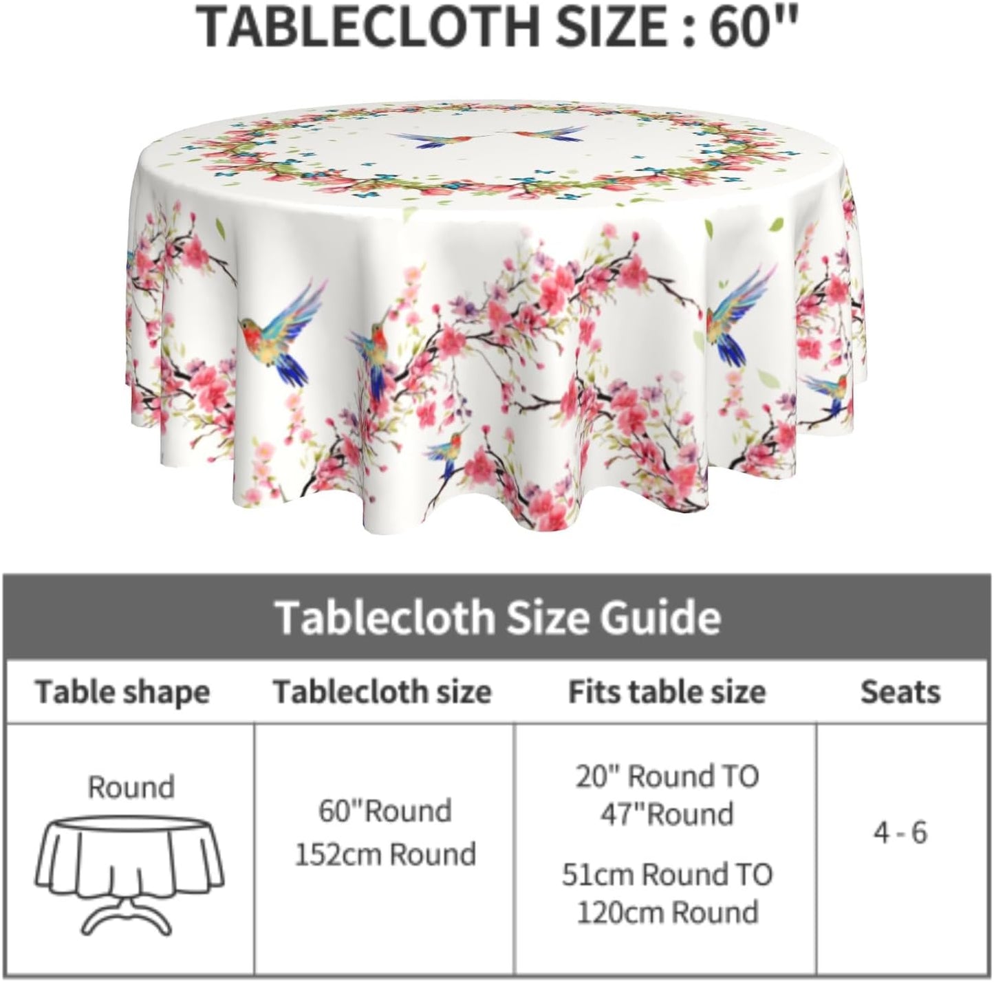 Giwawa Hummingbird Round Tablecloth 60 Inch, Spring Summer Flowers Butterflies Circle Table Cover, Colorful Floral Birds Wrinkle Heat Resistant Table Cloth for Kitchen Dining Farmhouse Decor