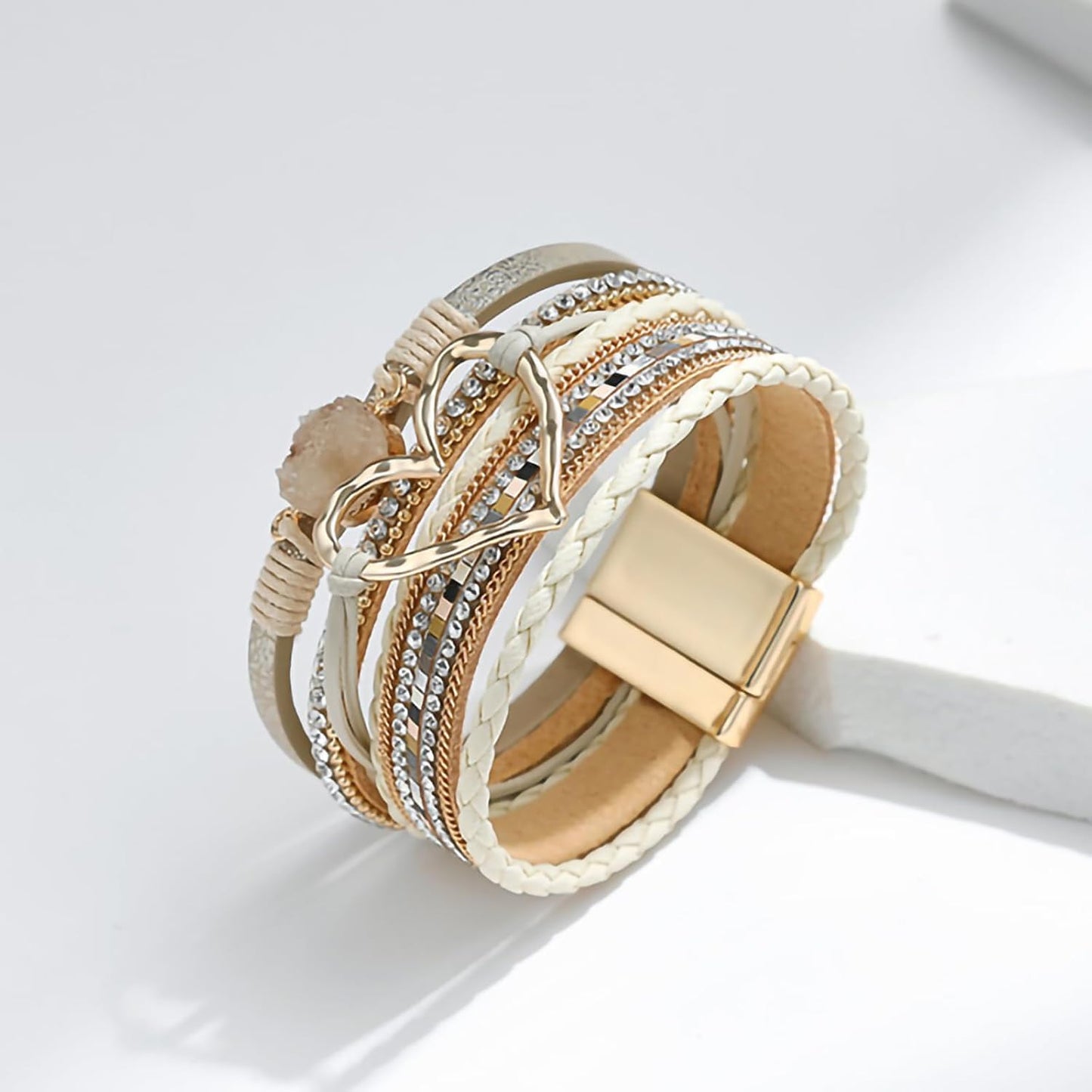 Fesciory Leopard Bracelet for Women, Boho Leather Wrap Multi-Layer Pearl Crystal Bracelet Bangle Jewelry