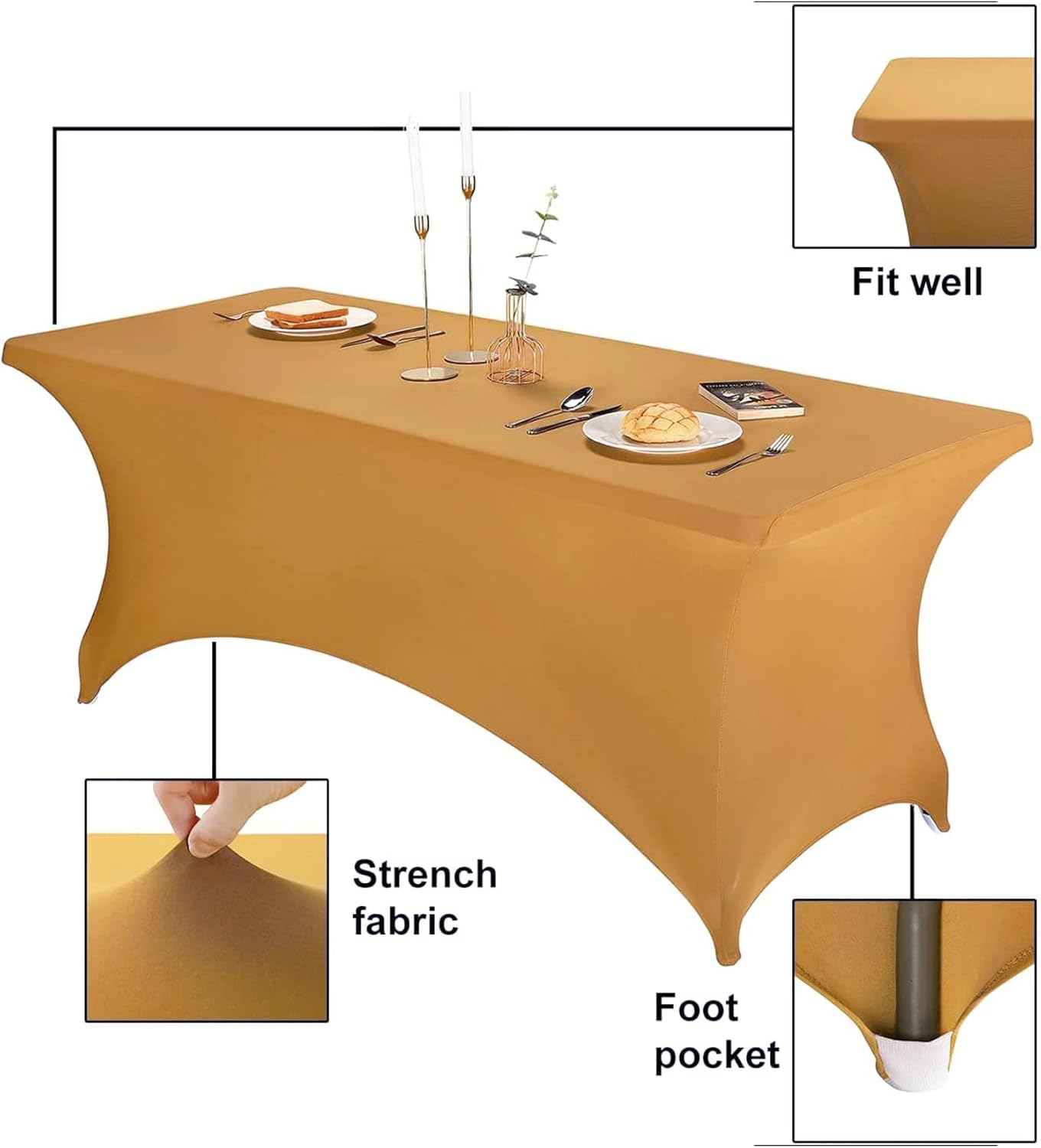 FORLIFE 4Pack Spandex Table Covers，Fitted Tablecloth for Rectangular Tables, Stretch Patio Table Covers, Universal Spandex Table Cover for Wedding, Banquet, Party (6ft, Gold)