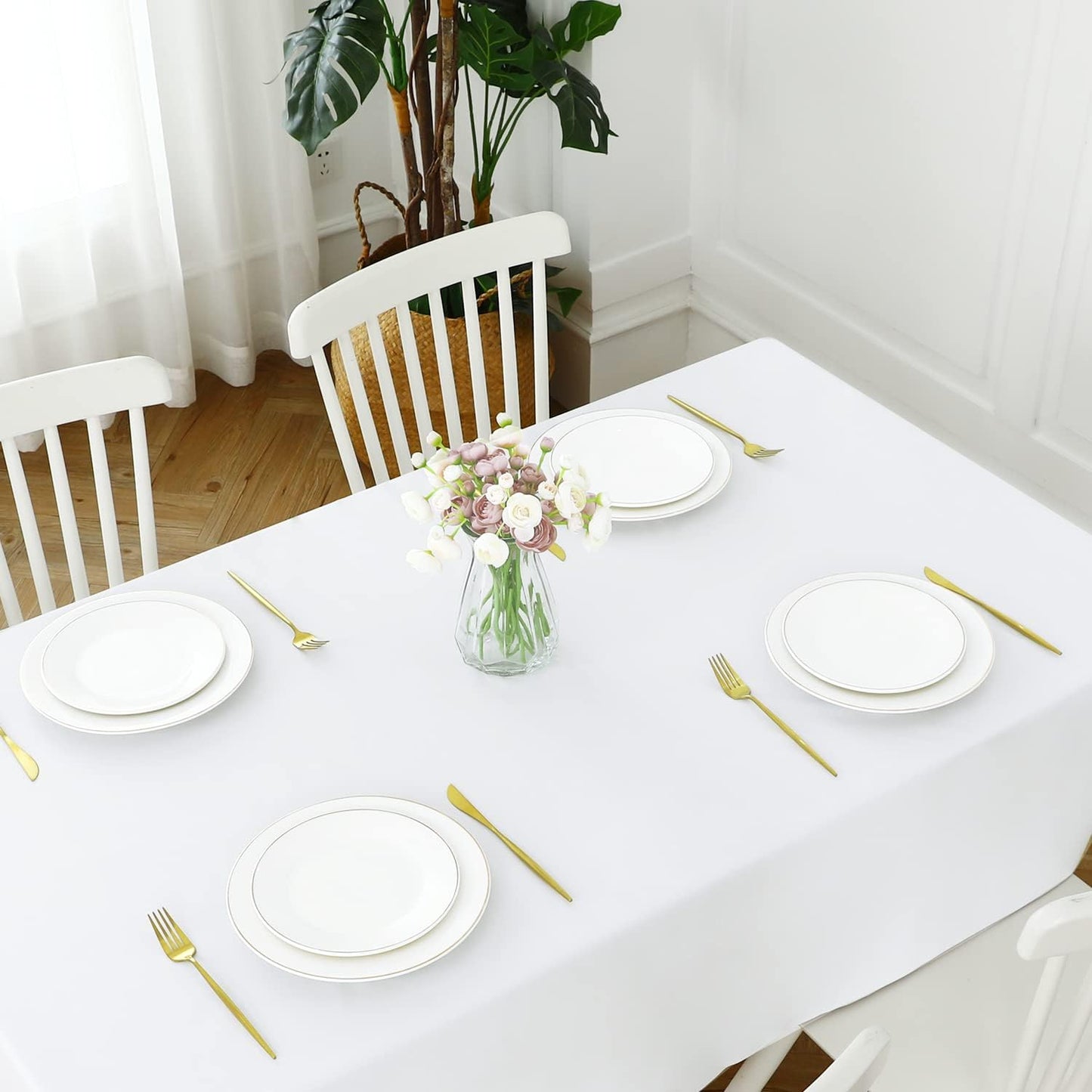 Romanstile 100% Waterproof Square PVC Tablecloth, Oil Spill Proof Vinyl Table Cloth, Heavy Duty Wipe Clean Plastic Table Covers for Kitchen/Dining/Parties - 60 x 60 Inch Square, White