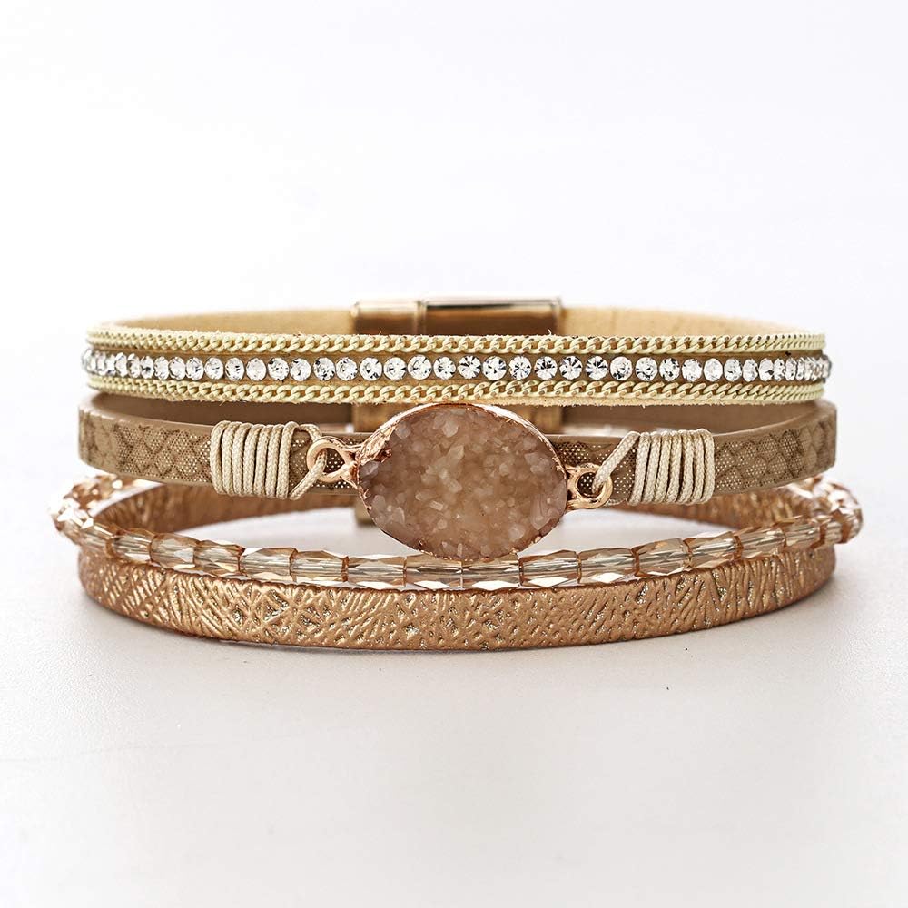 Fesciory Leopard Bracelet for Women, Boho Leather Wrap Multi-Layer Pearl Crystal Bracelet Bangle Jewelry