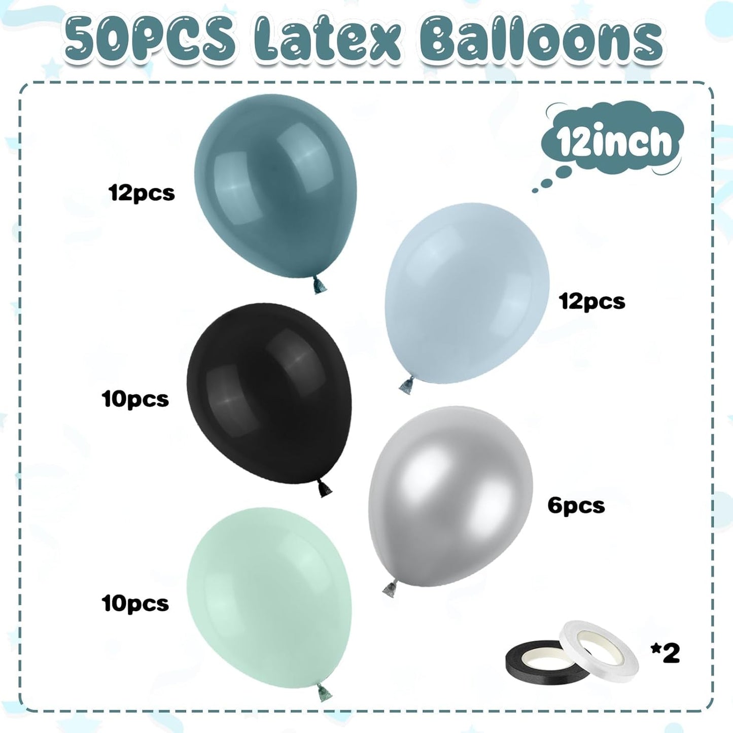 Dusty Blue and Black Balloons, 50pcs 12Inch Race Car Slate Light Pale Blue Pastel Green Black Metallic Silver Latex Helium Balloon for Boys Birthday Baby Shower Party Decorations