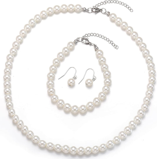 la luen Pearl Bride Wedding Jewelry Set Faux Pearls Crystal Rhinestone Necklace Earrings Bracelet Sets for Women Bridesmaid(3 PCS)