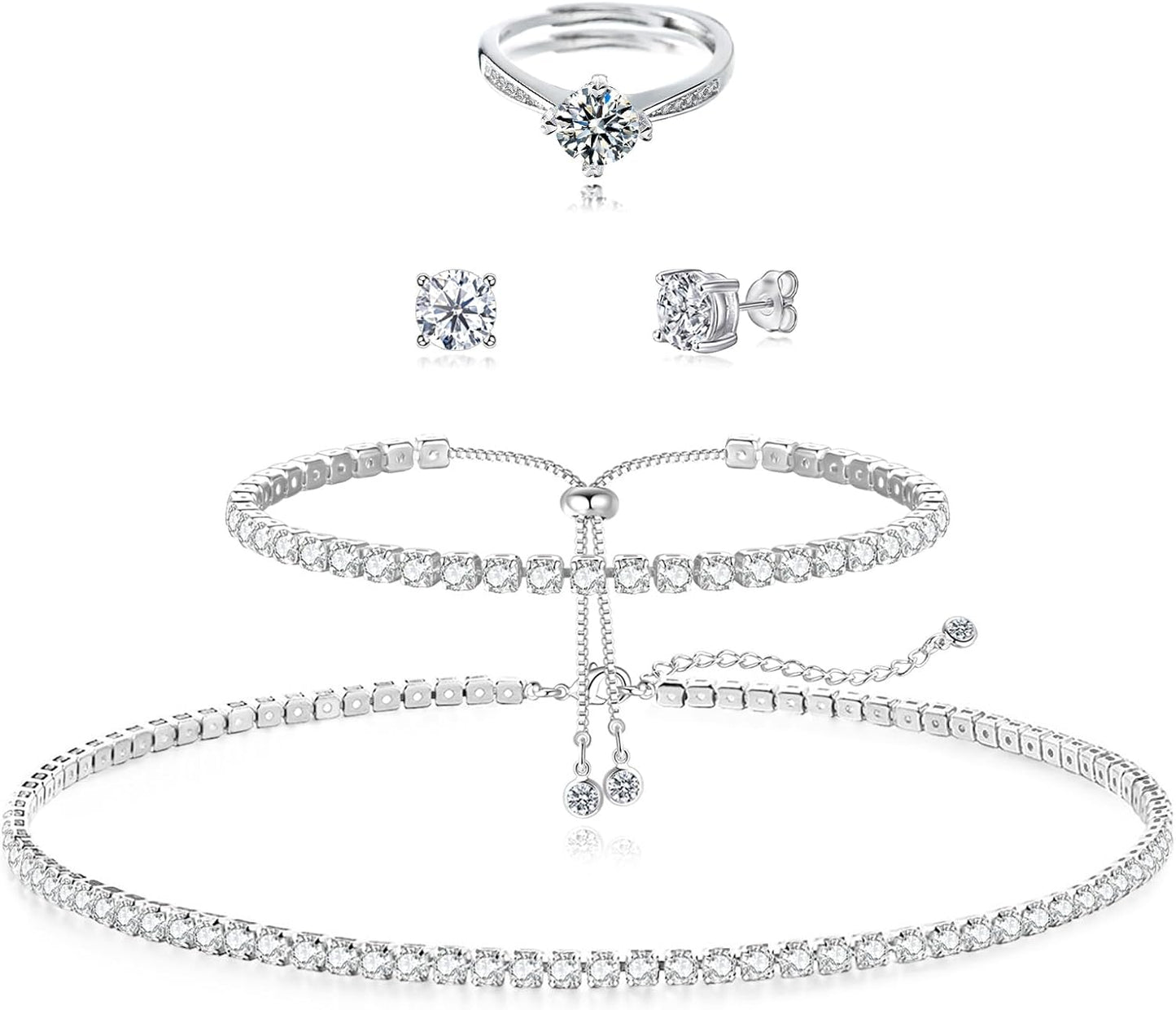 Tennis Necklace Bracelet for Women, Sterling Sliver, Dainty Chocker Necklace, Crystal Bracelet for Women, Wedding Jewelry for Bride, Sparkly Party Prom Hypoallergenic