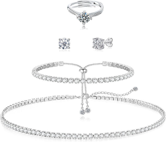 Tennis Necklace Bracelet for Women, Sterling Sliver, Dainty Chocker Necklace, Crystal Bracelet for Women, Wedding Jewelry for Bride, Sparkly Party Prom Hypoallergenic