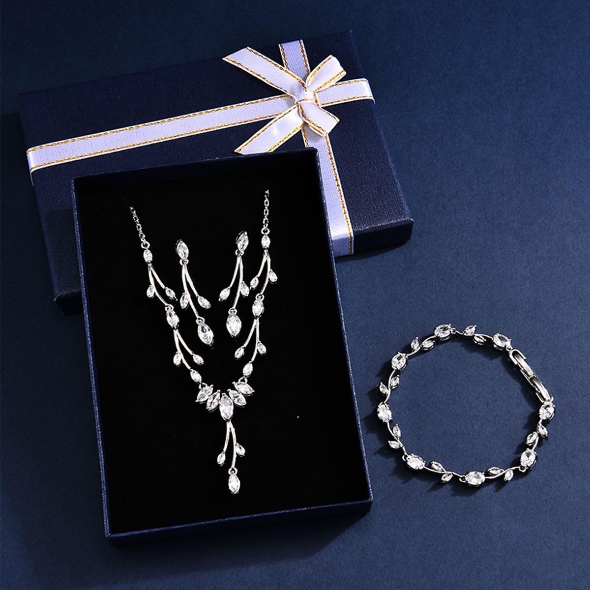 GULICX Jewelry Set for Womens, Rhinestone Necklace and Earrings Bracelet Set, Wedding Party Prom Jewelry Set for Brides Bridesmaid