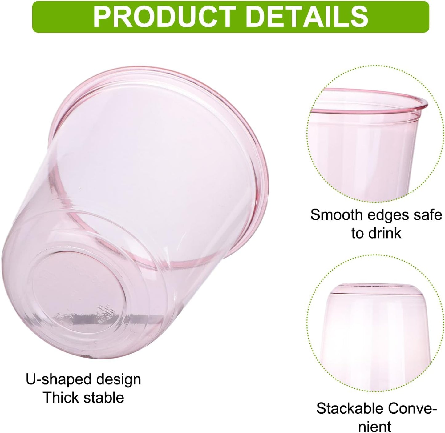 100 Pcs 12oz Plastic Pink Cups Disposable Stemless Wine Glasses Clear Cocktail & Dessert Cold Drinking Cups for Meeting Wedding Birthdays Summer Holiday Party Supplies