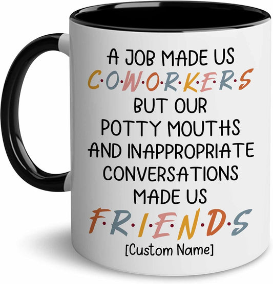 WHIDOBE Personalized Coworker Leaving Mug for Women, Custom 11oz 15oz Farewell Cup for Coworker Boss, Custom Name Mug for Friend Besties Leaving Going Away, Funny Good Bye Cup, A Job Made Us Coworkers