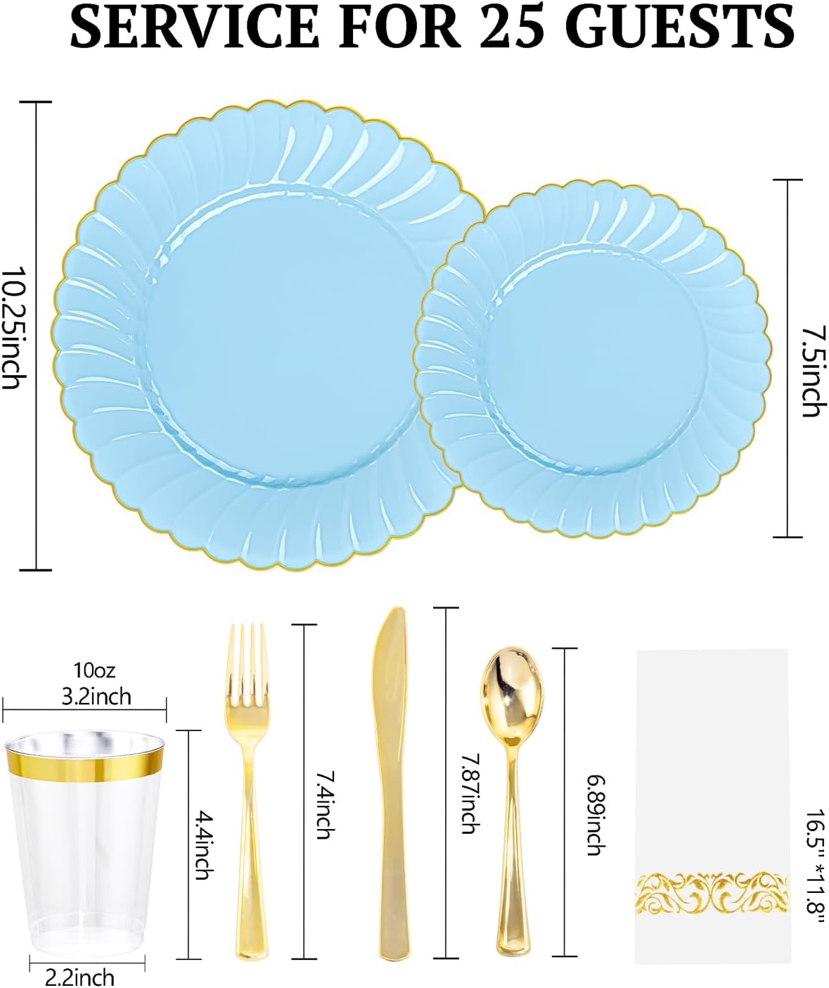 YOUBET 175PCS Blue Scalloped Plastic Plates - Light Blue Disposable Dinnerware Set Include 50 Plates, 75 Gold Silverware, 25 Cups, 25 Napkins for Party & Wedding & Baby Shower