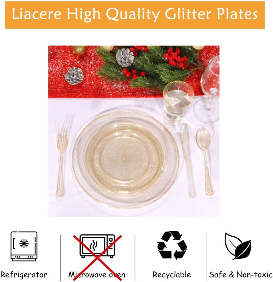 Liacere 100Pieces Gold Plastic Plates-Disposable Gold Glitter Appetizer Plates-7.5inch Premium Plastic Salad/Dessert Plates for Wedding & Parties & Thanksgiving