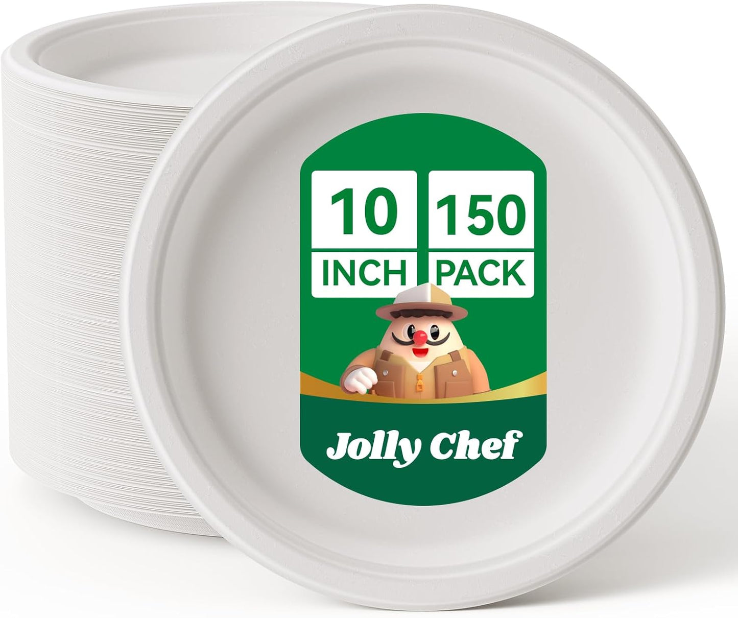 JOLLY CHEF Compostable Heavy Duty Plates 𝟭𝟬 𝗜𝗻𝗰𝗵 [𝟭𝟱𝟬 𝗣𝗮𝗰𝗸] Eco-Friendly Disposable White Paper Plates Bagasse Biodegradable Bulk for Party Dinner Thanksgiving Day (White)