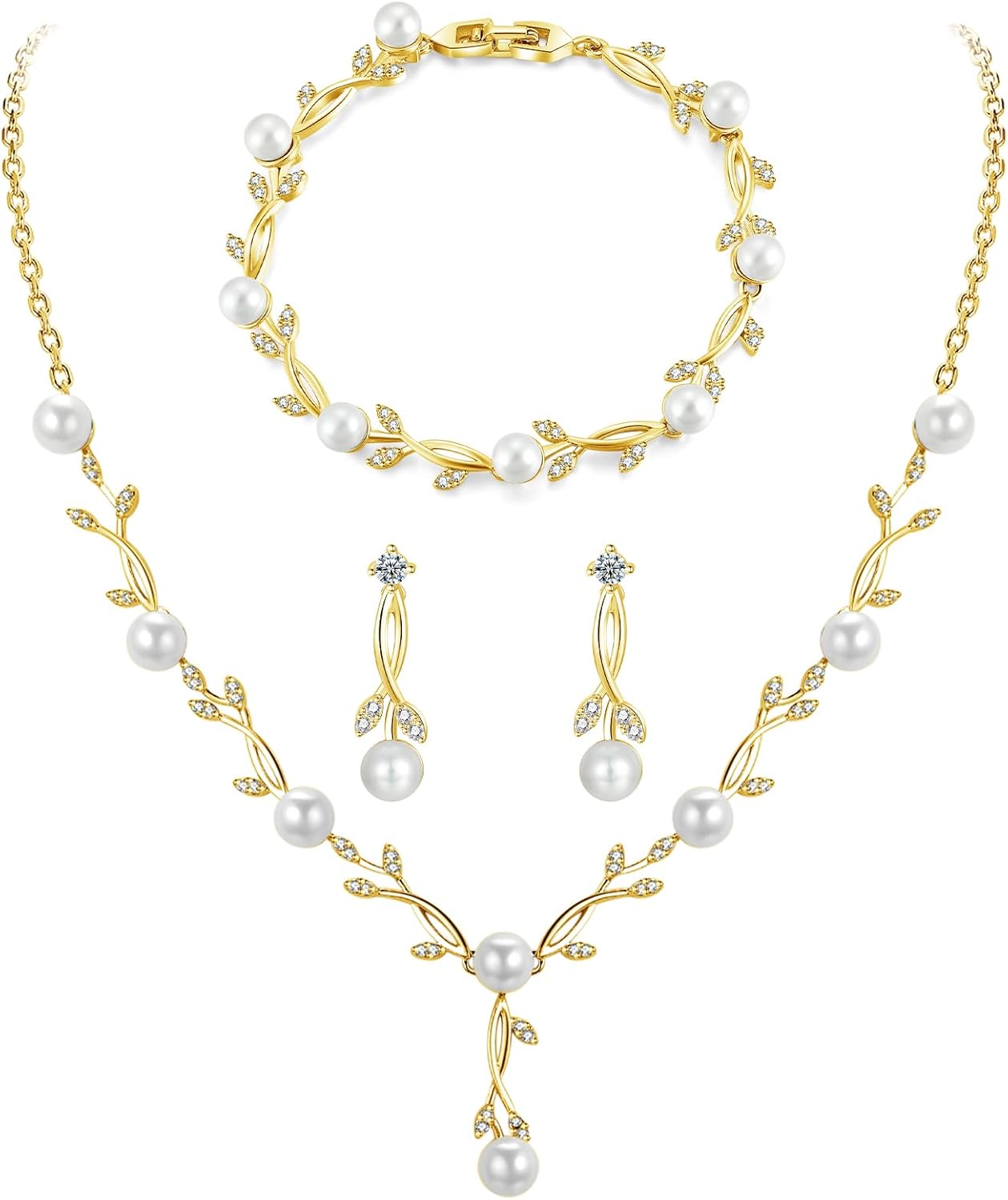 Hadskiss Jewelry Set for Women, Necklace Dangle Earrings Bracelet Set with White AAA Cubic Zirconia, Allergy Free Wedding Party Jewelry for Bridal Bridesmaid