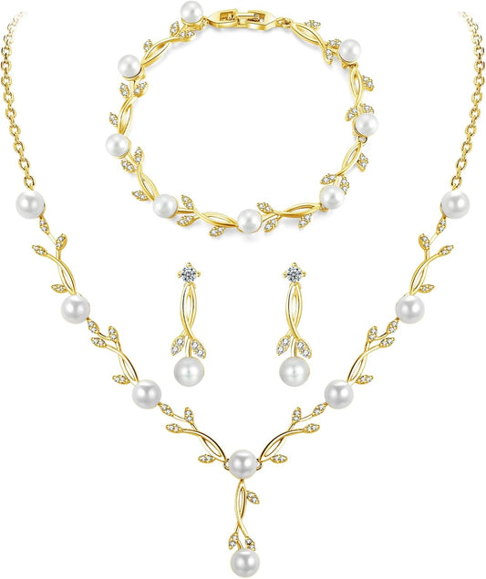 Hadskiss Jewelry Set for Women, Necklace Dangle Earrings Bracelet Set with White AAA Cubic Zirconia, Allergy Free Wedding Party Jewelry for Bridal Bridesmaid