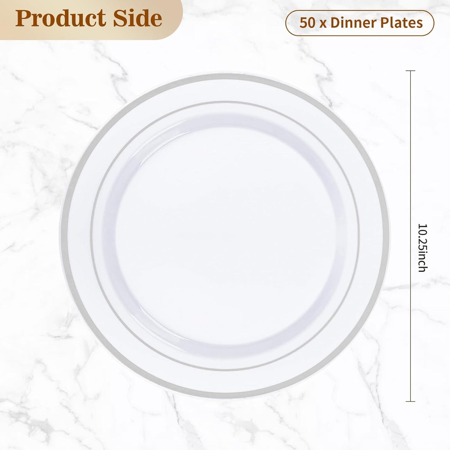 BESTVIP 50PCS Silver Plastic Plates, 10.25 Inch Disposable Dinner Plate Party with Silver Rim, Heavy Duty Disposable Plastic Plates for Christmas, Thanksgiving, Party, Wedding and Birthday