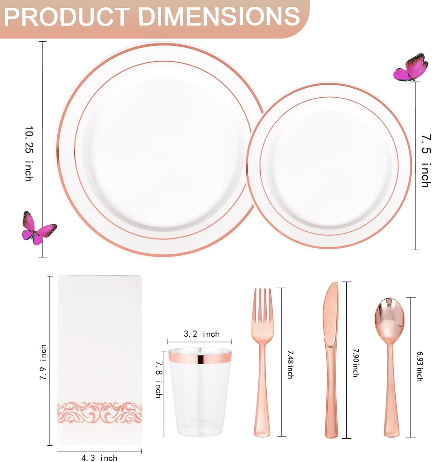 Supernal 400pcs Rose Gold Plastic Plates Disaposable Heavy Duty included Disposable Utensils& Plastic Party Plates Disaposable Party Cups and Napkins Sets for Wedding Party and Birthday