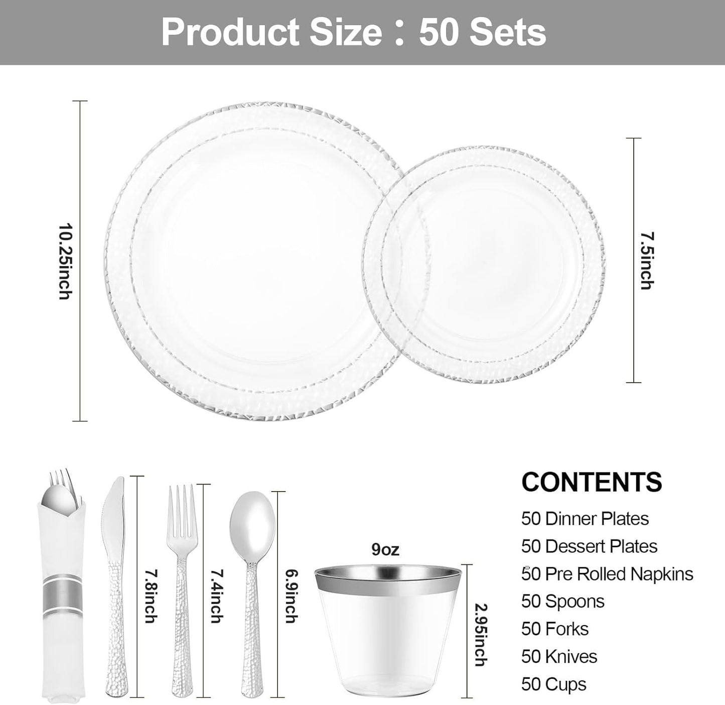 350PCS Clear Plastic Plates with Silver Trim for 50 Guests, Disposable Dinnerware Set for Party & Wedding, Includes 100 Plastic Plates, 50 Pre Rolled Napkins with Silver Silverware, 50 Cups