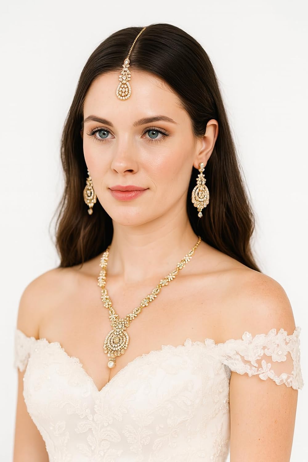 Touchstone Indian jewelry sets for women maang tikka wedding guest gold necklace bollywood jewellery set pageant elegant prom bride accessories western crystal chunky rhinestone necklaces