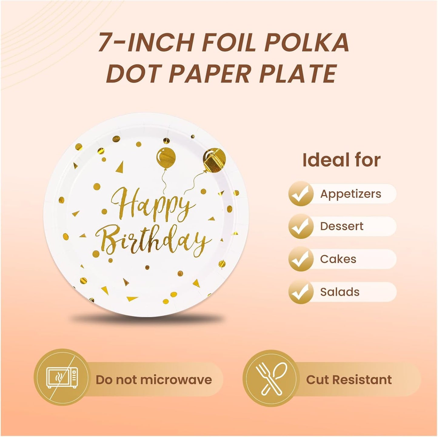 150PCS Happy Birthday Paper Plates and Napkins - 7 Inch White Gold Dot Paper Plates and 6.5 Inch Napkins with 6.3 Inch Gold Forks Disposable Tableware Set for Birthday Party Decorations, Serves 50
