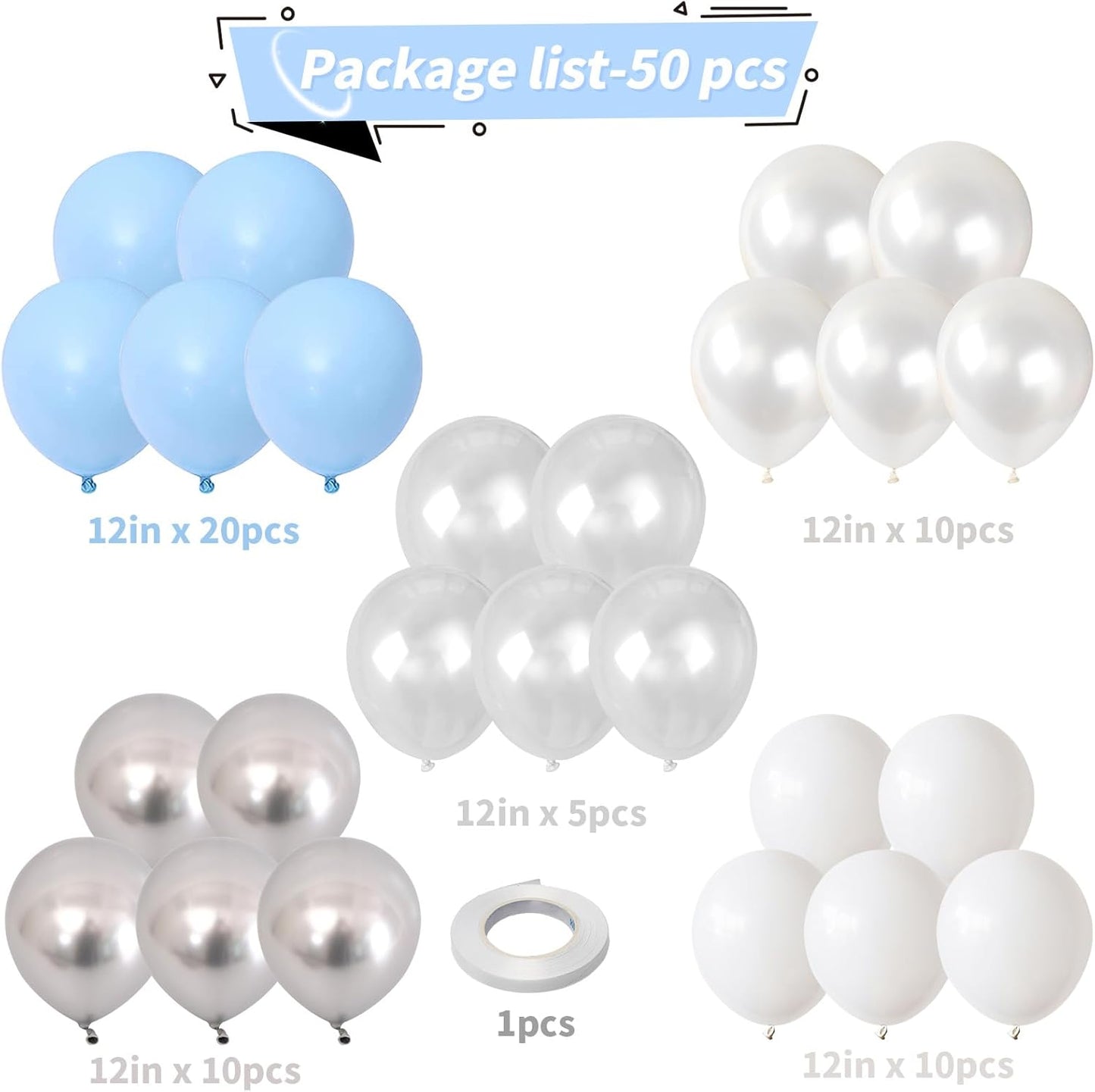 Blue and White Balloons, 12 Inch Baby Light Pastel Blue Pearl White Silver Metallic Clear Latex Helium Party Balloons for Boys Bridal Baby Shower Bachelorette Winter Holiday Birthday Party Decorations