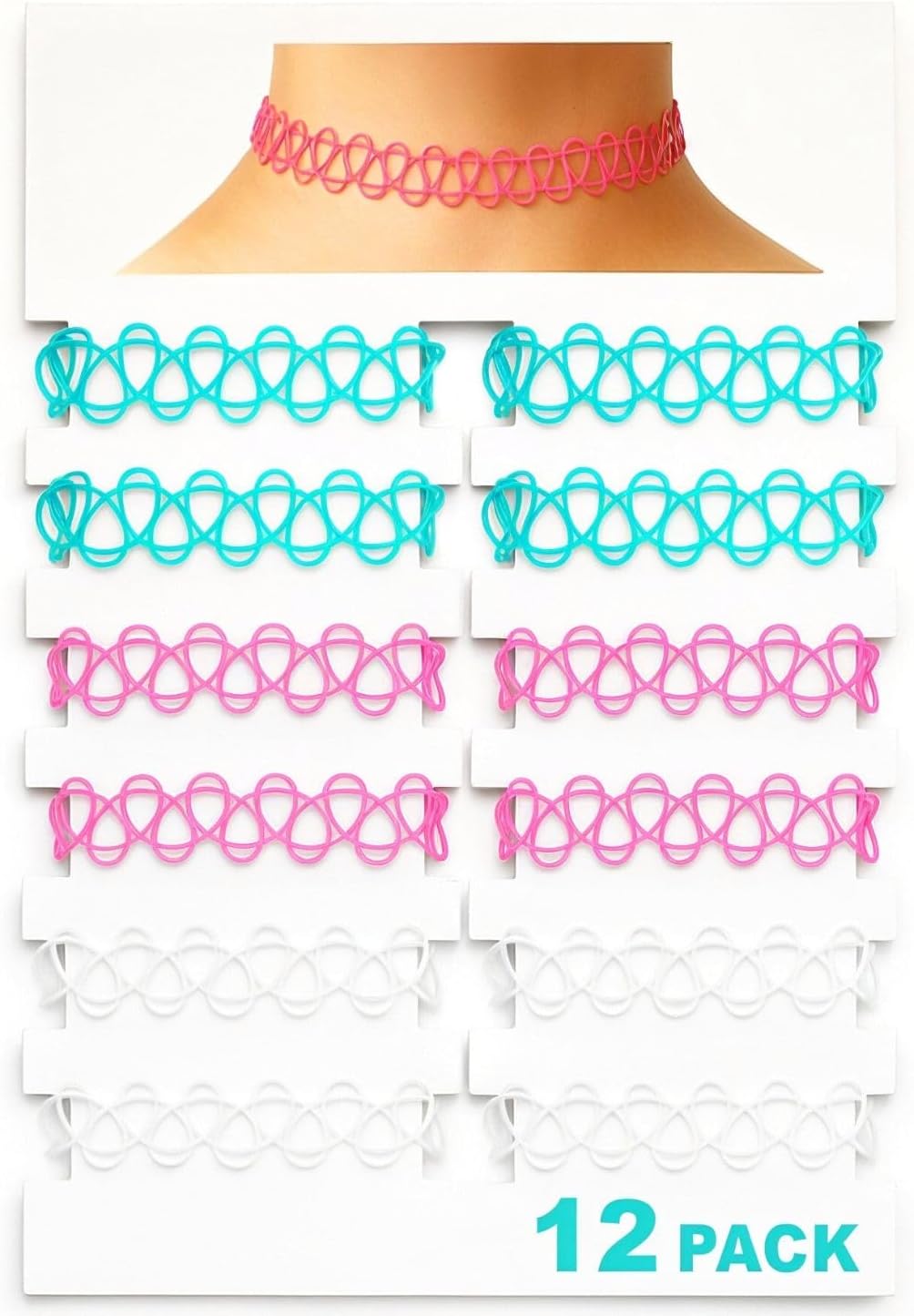 BodyJ4You 12PC Tattoo Choker Necklace - 90s Accessories 2000s Jewelry Y2K Fashion Vintage Trendy - Rainbow Goth Black Pink Green Blue White - Adjustable Stretchy Elastic Necklace Summer Vacation Set