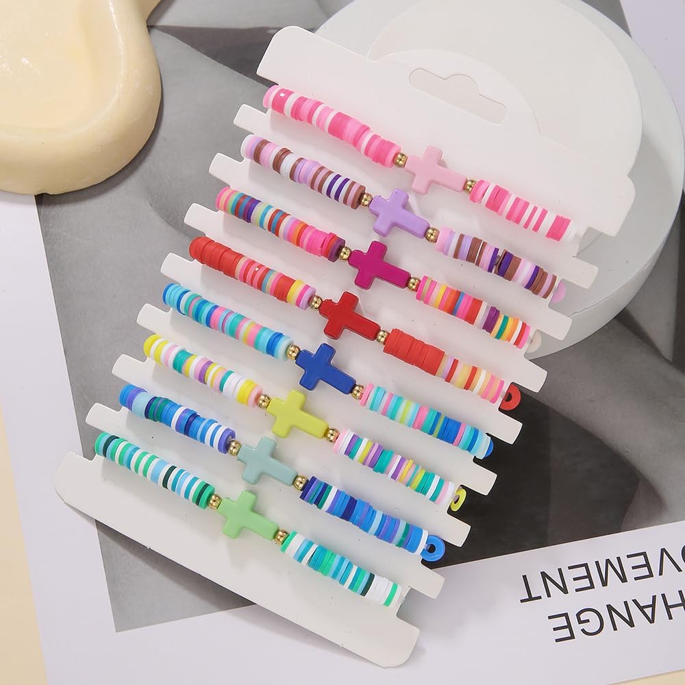 Heishi Surfer Clay Bead Bracelets Set for Women - Preppy Smile Evil Eye Beaded Stretch Bracelets Elastic Layering Friendship Bracelets- Stackable Boho Disc Summer Jewelry Set