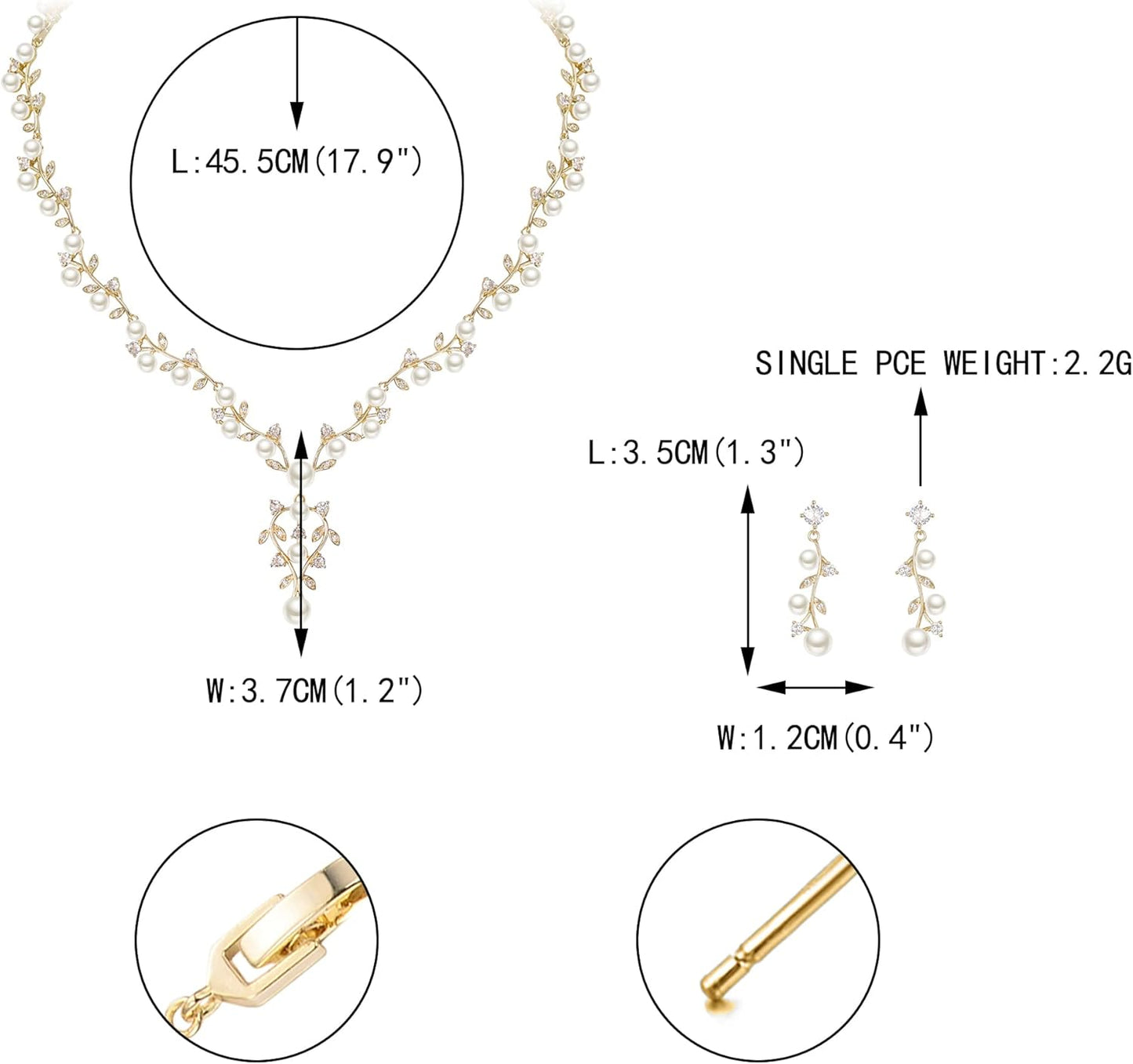 EVER FAITH Bridal Cubic Zirconia Jewelry Sets for Women, White Simulated Pearl Leaf Vine Pendant Wedding Party Necklace Earrings Set for Bridesmaid Bride