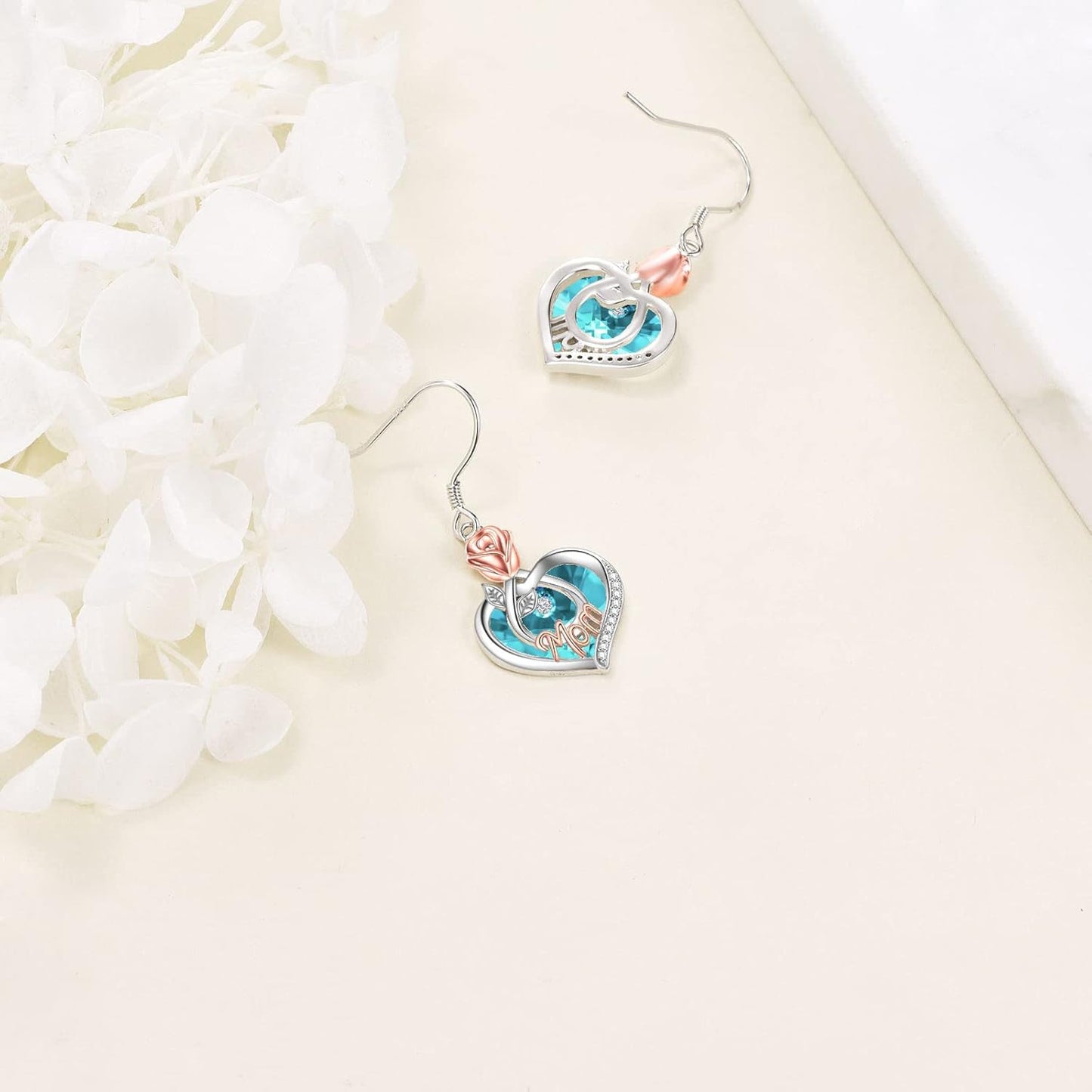 Mom Earrings with Rose Flower Love Heart 925 Sterling Silver Crystal Dangle Drop Hook Earrings Jewelry