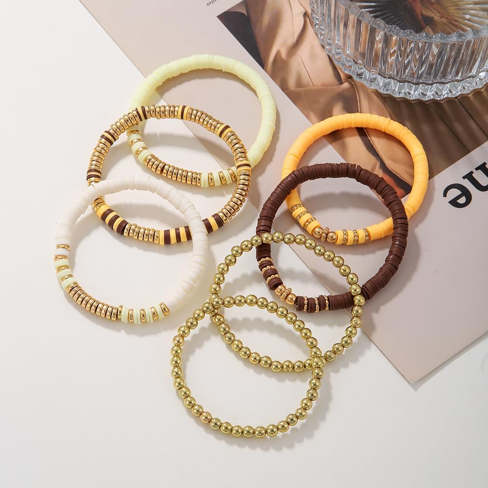 Friendship Bracelets for Women - Heishi Surfer Colorful Smile Evil Eye Clay Beaded Stretch Bracelets Elastic Layering - Stackable Boho Disc Y2K Aesthetic Summer Jewelry Set.