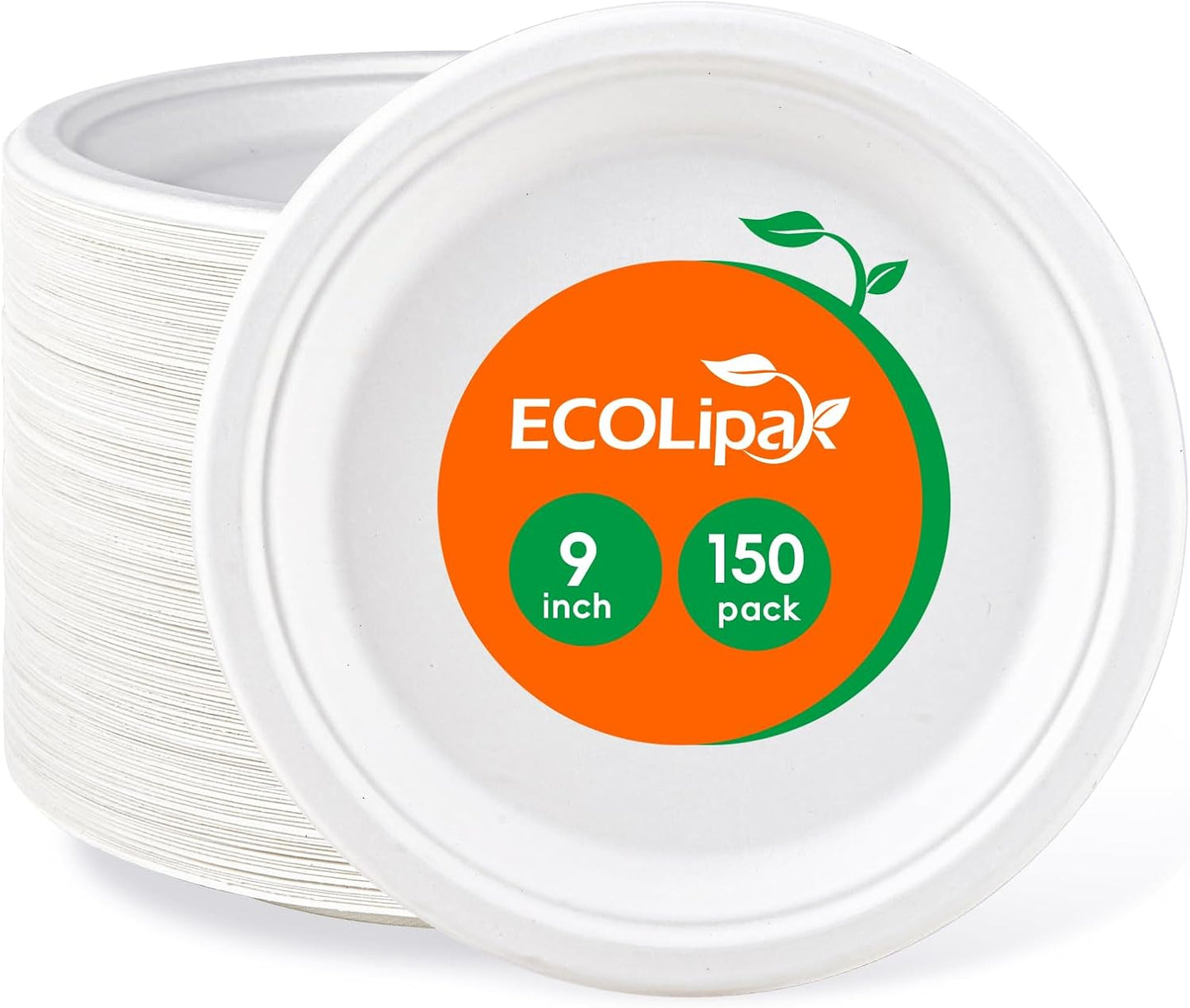 ECOLipak 9 inch 150 Pack Compostable Paper Plates, Heavy Duty Disposable Biodegradable Eco-friendly Sugarcane Bagasse Plates for Party Thanksgiving