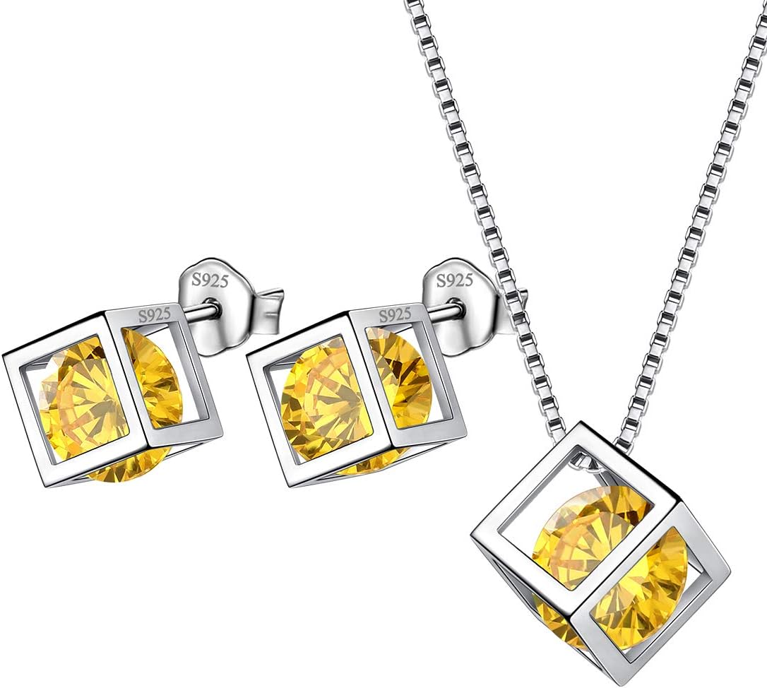 Aurora Tears Birthstone Necklace/Earring 925 Sterling Silver Women Cross/3D Cube/Cresent Moon Birth Stone Jewelry Mens Birthday Gift Anniversary Present