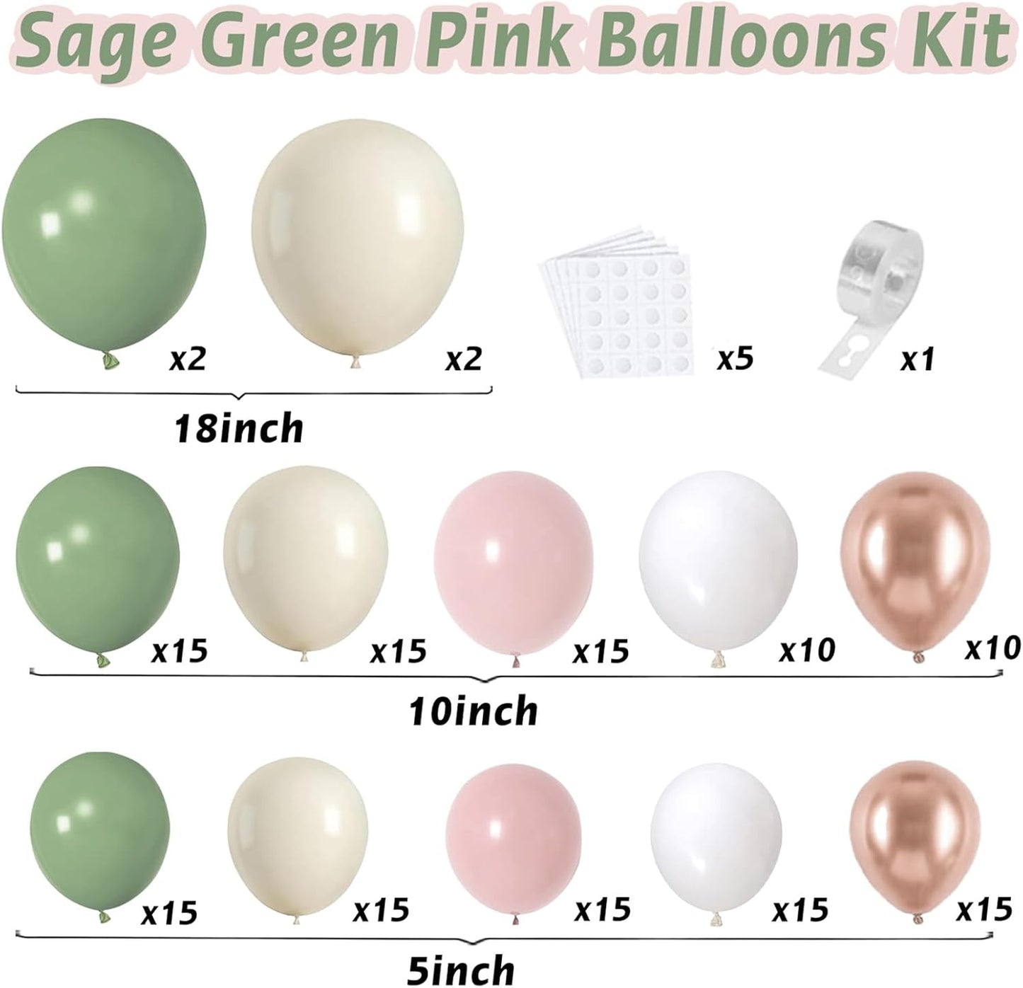 Sage Green Pink Balloon Arch Kit, Olive Green Baby Pink Sand White Balloons with Rose Gold Metallic Latex Balloons for Girl Birthday Wedding Bride Shower Party Decorations