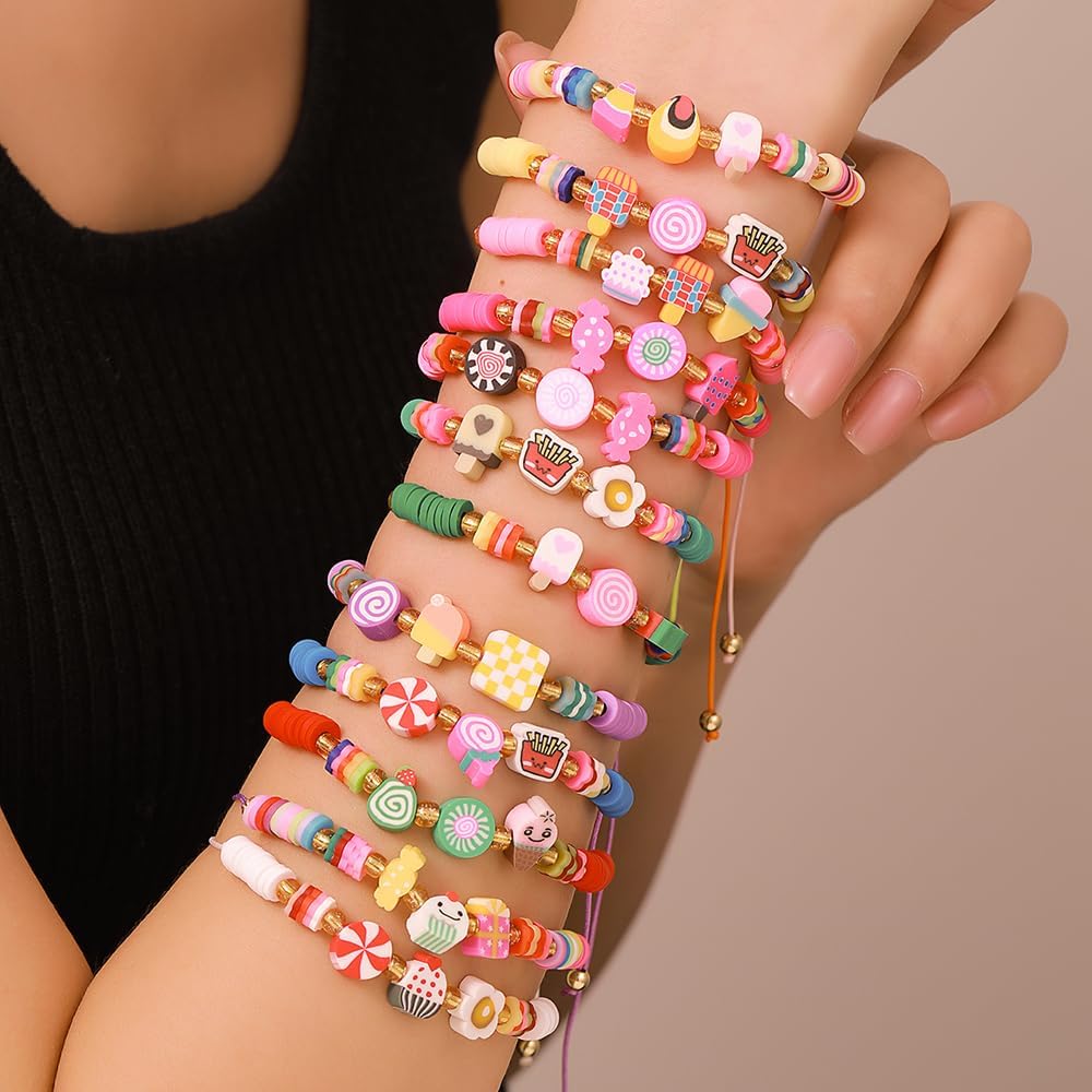 Heishi Surfer Clay Bead Bracelets Set for Women - Preppy Smile Evil Eye Beaded Stretch Bracelets Elastic Layering Friendship Bracelets- Stackable Boho Disc Summer Jewelry Set