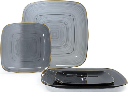 " OCCASIONS " 240 Pieces Pack,(120 Guests) Premium Wedding Party Disposable Plastic Plates Set -120 x 10'' Dinner + 120 x 7'' Salad/Dessert (Belize Square in Black & Gold)