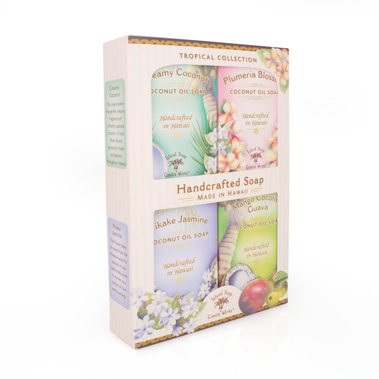 Island Soap & Candle Works Scented Coconut Soap Sample Pack, Four 2oz. Bars, Creamy Coconut, Plumeria, Pikake, Mango Coconut Guava