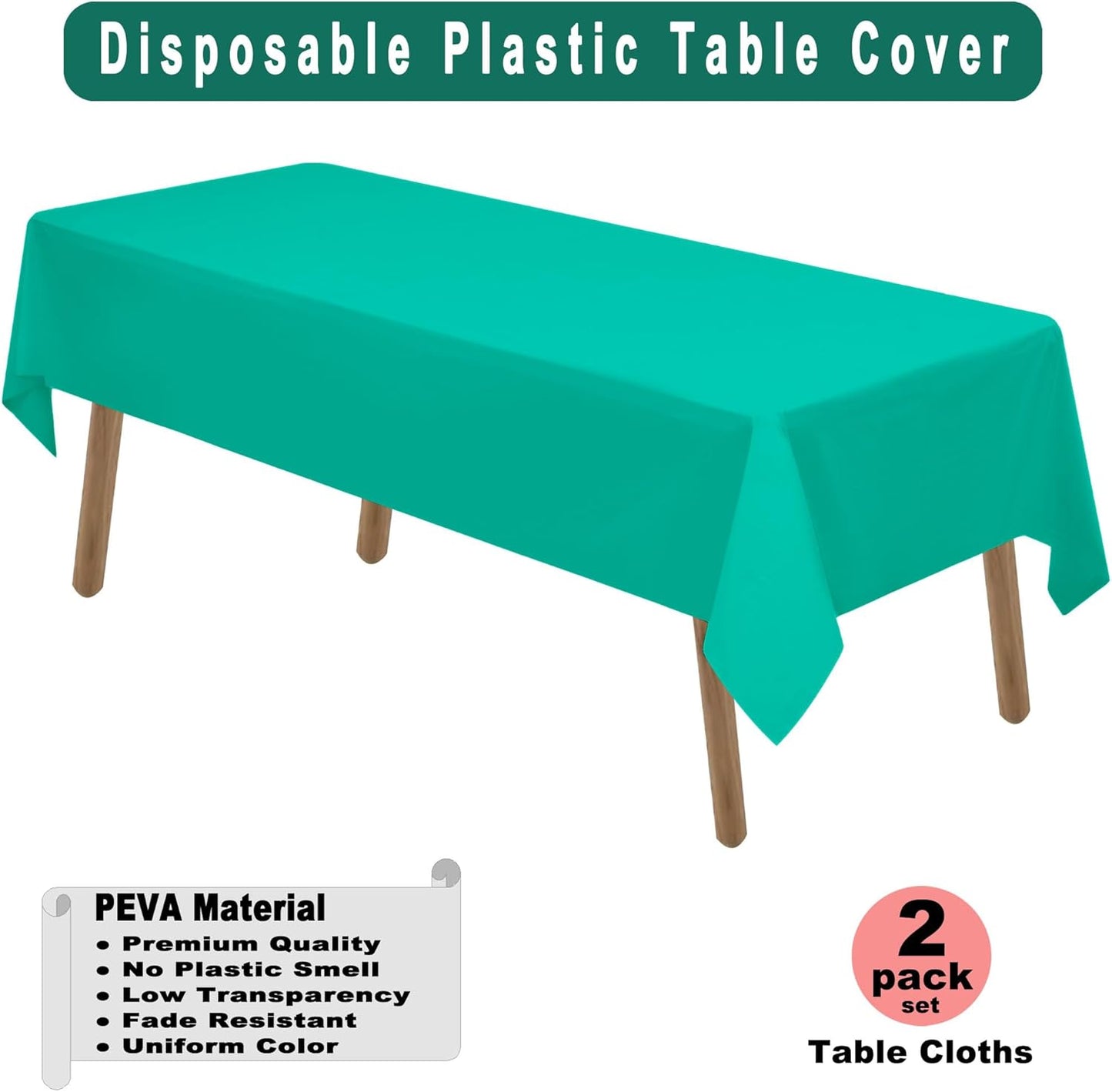 PARTY ULYJA Teal Plastic Tablecloths 2 Pack Disposable Table Covers 54 x 108 Inch Bridal Shower PEVA Solid Table Cloths for BBQ Picnic Birthday Wedding Banquet Parties 8 ft Rectangle Table Use