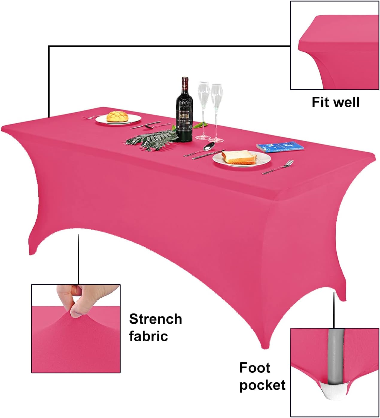 FORLIFE Spandex Table Cover - Fitted 6ft Rectangular Tablecloth, Stretch Patio Table Cover for Wedding, Banquet, Party (Hot Pink)