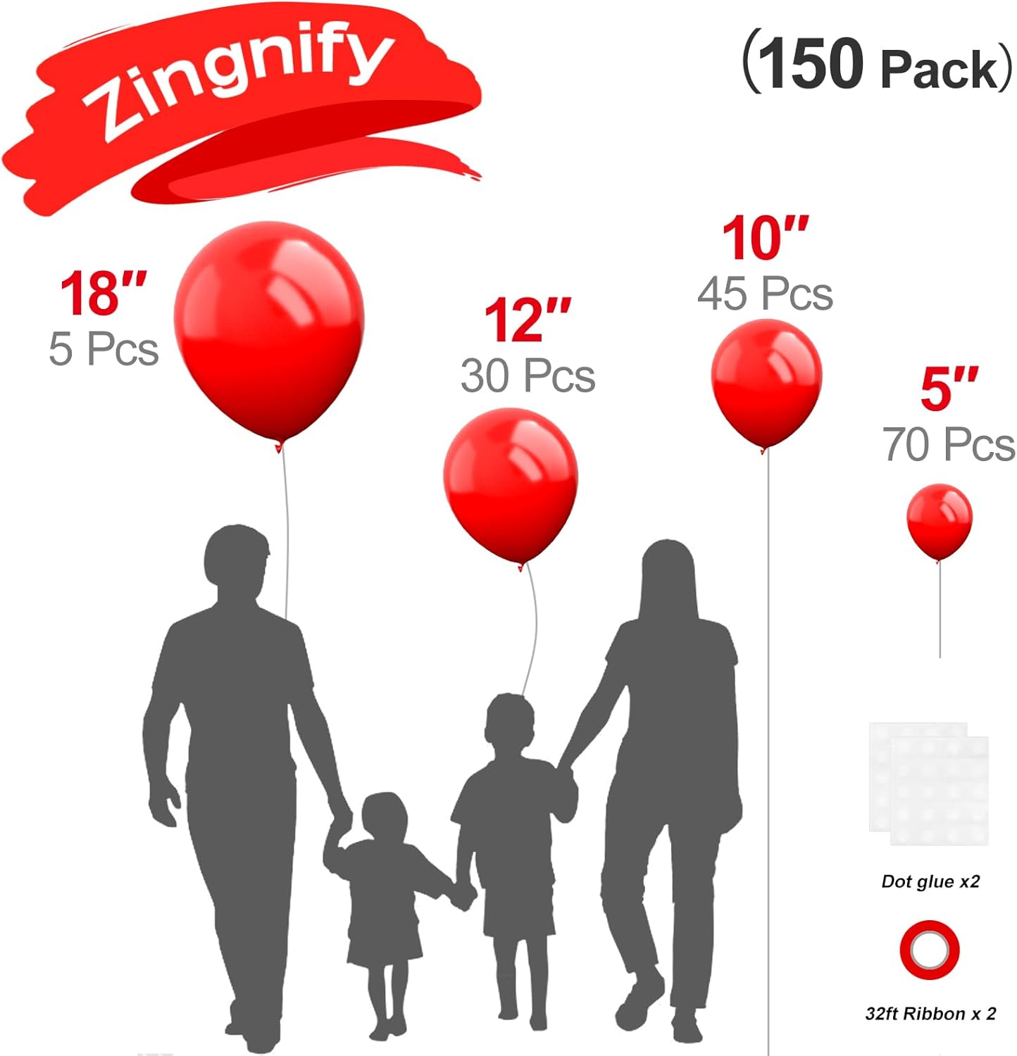 Red Balloons, 150 pcs Different Sizes Pack of 18 Inch 12 Inch 10 Inch 5 Inch Matte Red Latex Balloons for Balloon Garland Balloon Arch as Birthday Party Wedding Decorations