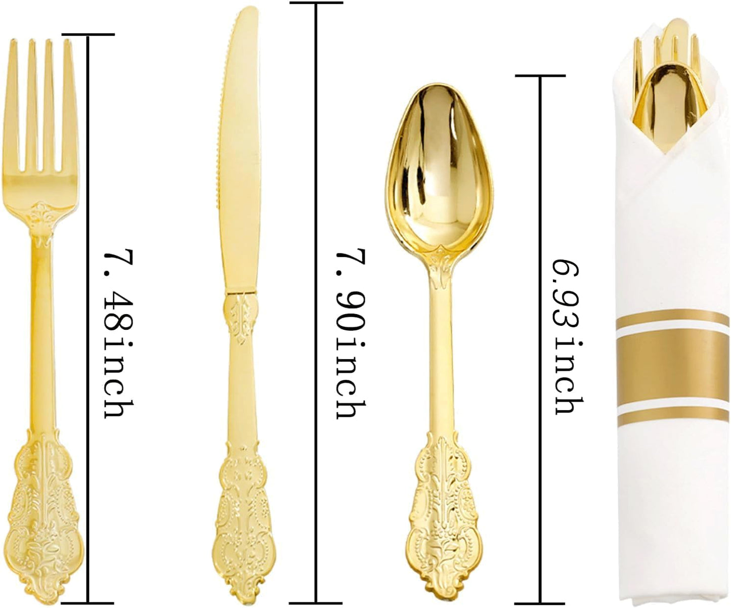 Liacere 400PCS Gold Plastic Silverware - Pre Rolled Napkins Disposable Gold Plastic Cutlery-Premium Quality Utensils-Includes 100Forks,100Knives,100Spoons,100Napkins&Wedding&Thanksgiving
