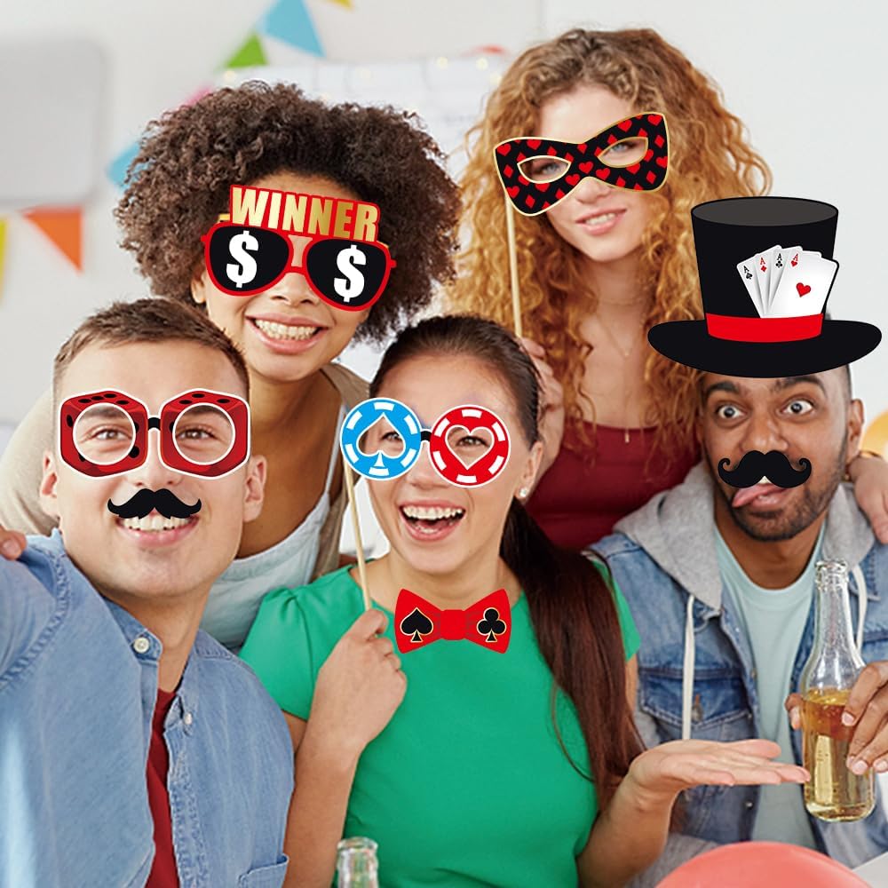 Casino Theme Party Decorations, Tumwisk 30PCS Las Vegas Photo Booth Props, Casino Birthday Decorations Funny Vegas Themed Poker Party Game Night Selfie Props