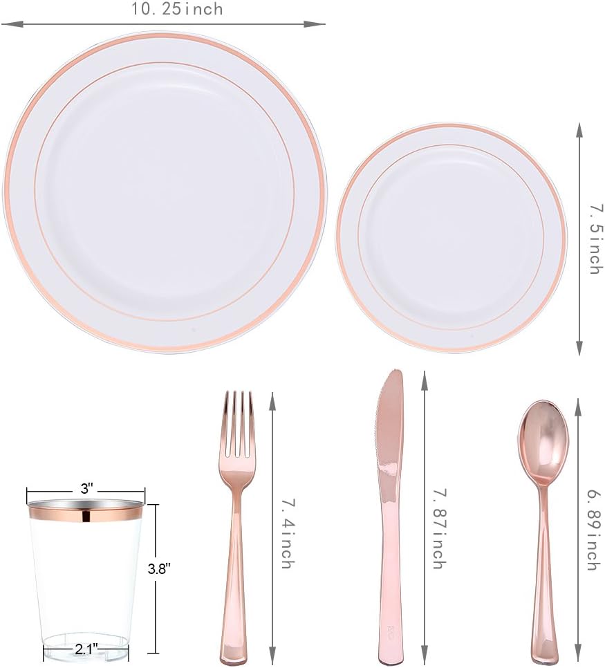 WELLIFE 150 Pcs Rose Gold Plastic Plates with Disposable Rose Gold Cutlery, Includes: 25 Dinner Plate 10.25", 25 Dessert Plates 7.5", 25 Cups 9OZ and 25 Silverware for Wedding