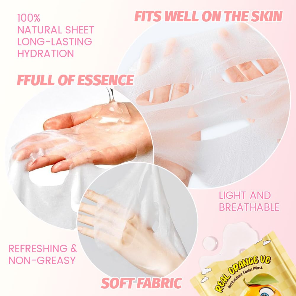 Kaely 10 Pack Orange Face Masks for Kids, Kids Face Mask Spa Day Kit Supplies, Spa Party Favors for Teens Girls Women, Sheet Facial Mask Skincare Gifts Set, Moisturize Soothe for All Skin Types, 05