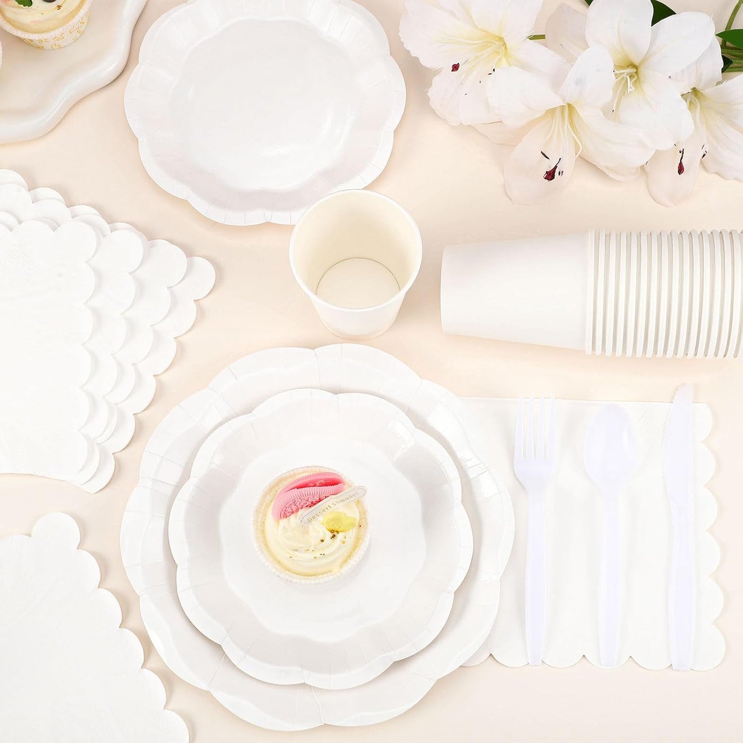 350 Pcs White Party Supplies Include Scalloped Plate Napkin Cup Forks Knives, Plastic Cutlery 50 Guest Disposable Parties Tableware Set for Wedding Baby Shower Bridal Shower Birthday Party