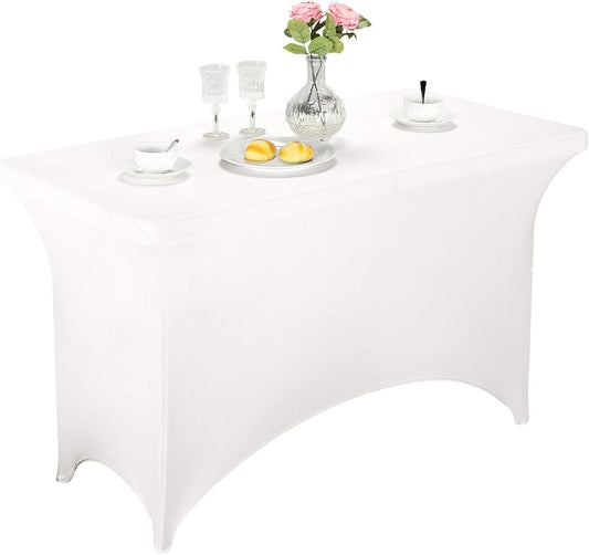 LZY Spandex Fitted Stretch Table Cover for 4ft or 6ft or 8ft Folding Table, Rectangular Cocktail Tablecloth, Perfect for Party or Banquet (4FT White)