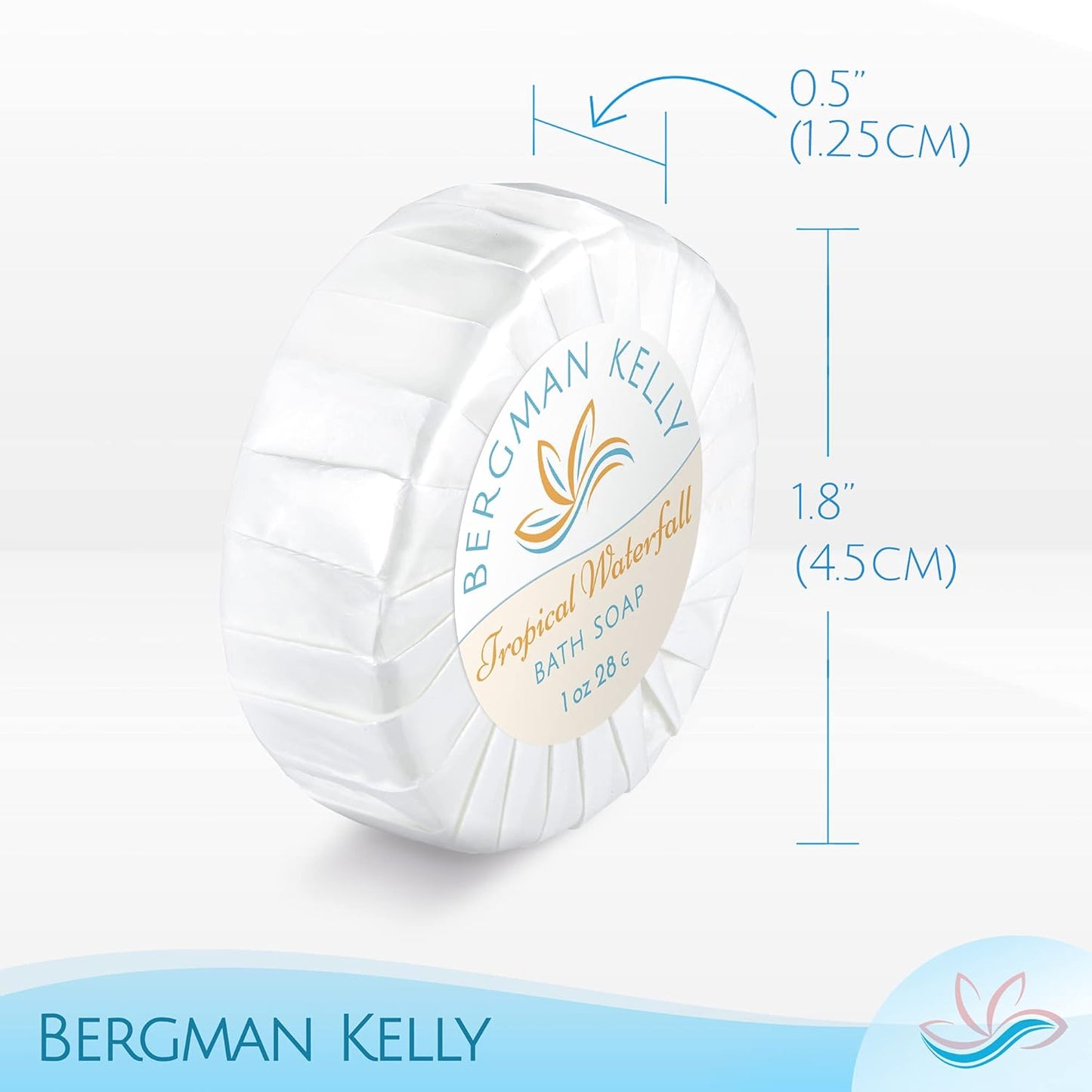 BERGMAN KELLY - Hotel Soap Bars in Bulk - Tropical Waterfall, 1 oz, 200 PK - Small Individually Wrapped Round Soap - Travel Size Mini Toiletries for Airbnb, Motel, Guest Bathroom