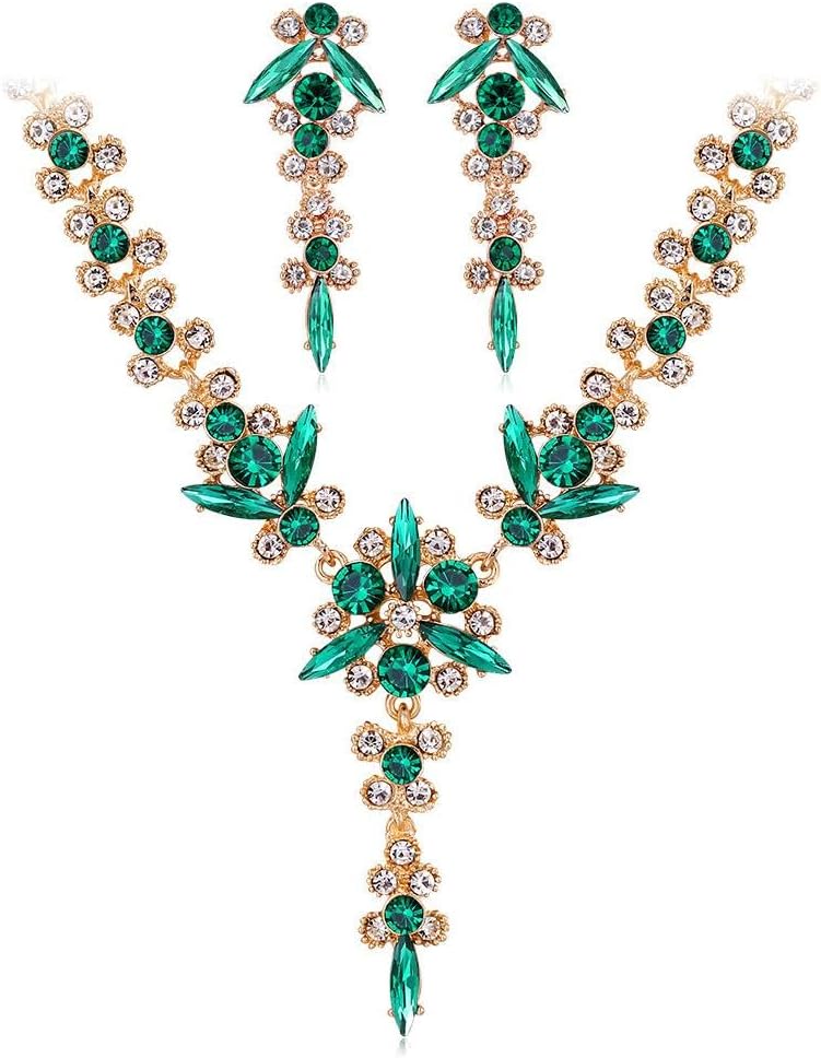 Wedding Jewelry Sets for Brides Rhinestone Necklace and Earring Set Bracelet Ring Gold Silver Prom Jewelry Sets Diamond Flower Teardrop Necklace for Women