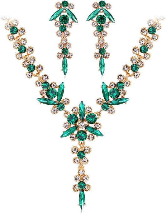 Wedding Jewelry Sets for Brides Rhinestone Necklace and Earring Set Bracelet Ring Gold Silver Prom Jewelry Sets Diamond Flower Teardrop Necklace for Women