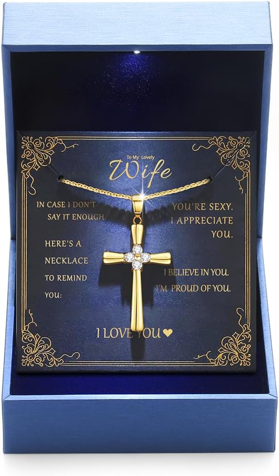 Gold Moissanite Cross Necklace for Women Wife in Light-Up Gift Box,Love Card - Women Anniversary Birthday Gifts Ideas for Wife Her Girlfriend, Christian Cross Chain Jewelry 1CT (18K Real Gold Filled)